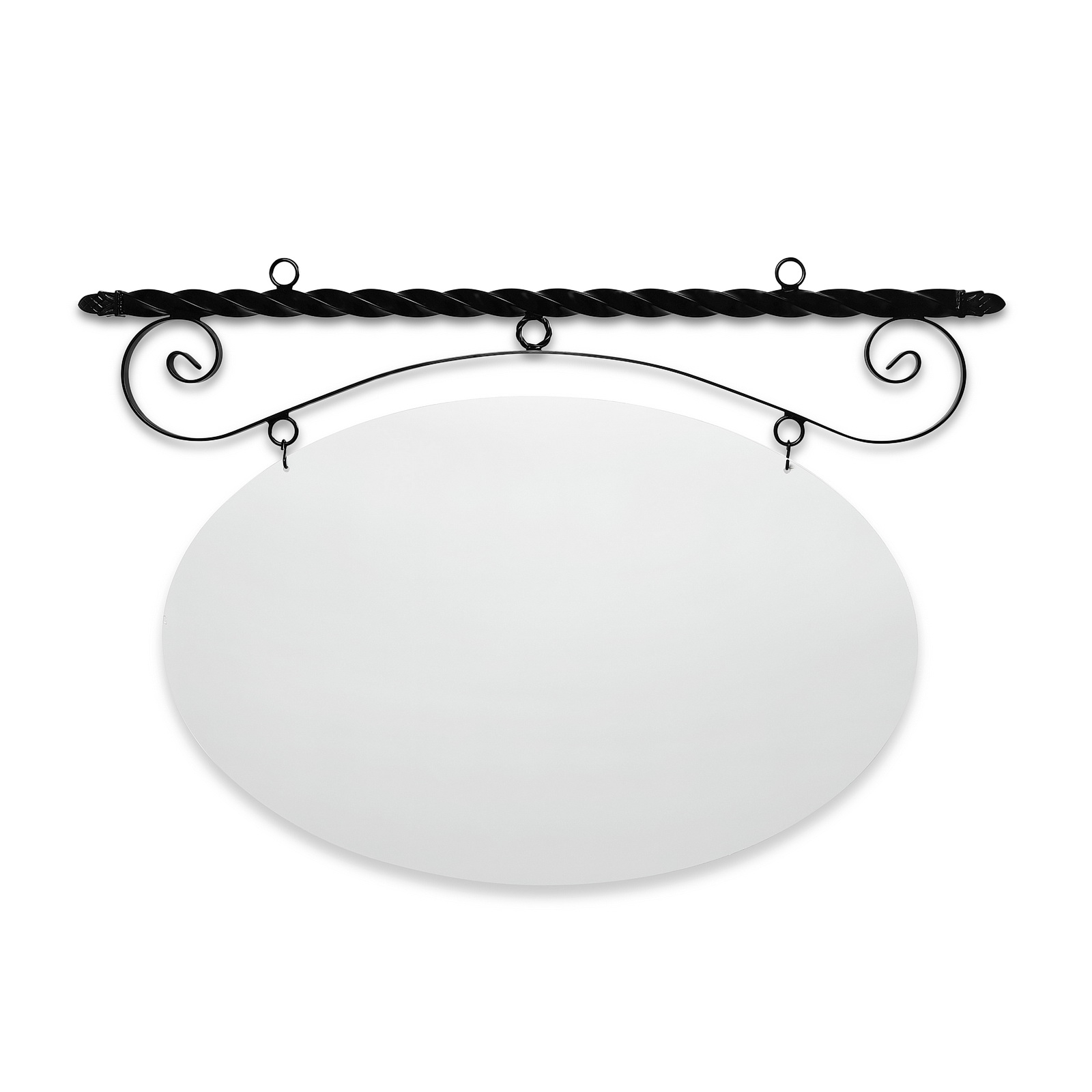 48'' Wide Ceiling Mount Bracket in  Black Powder Coated Steel with 30'' Tall X 46'' Wide X .080'' Thick White Aluminum Sign Blank and 2 Black Powder Coated S-Hooks (Pineapple Finial)