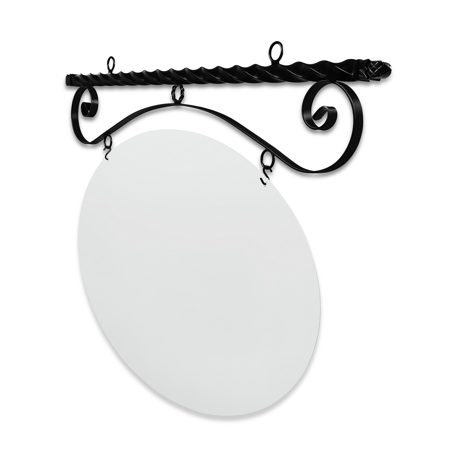 48'' Wide Ceiling Mount Bracket in  Black Powder Coated Steel with 30'' Tall X 46'' Wide X .080'' Thick White Aluminum Sign Blank and 2 Black Powder Coated S-Hooks (Pineapple Finial)