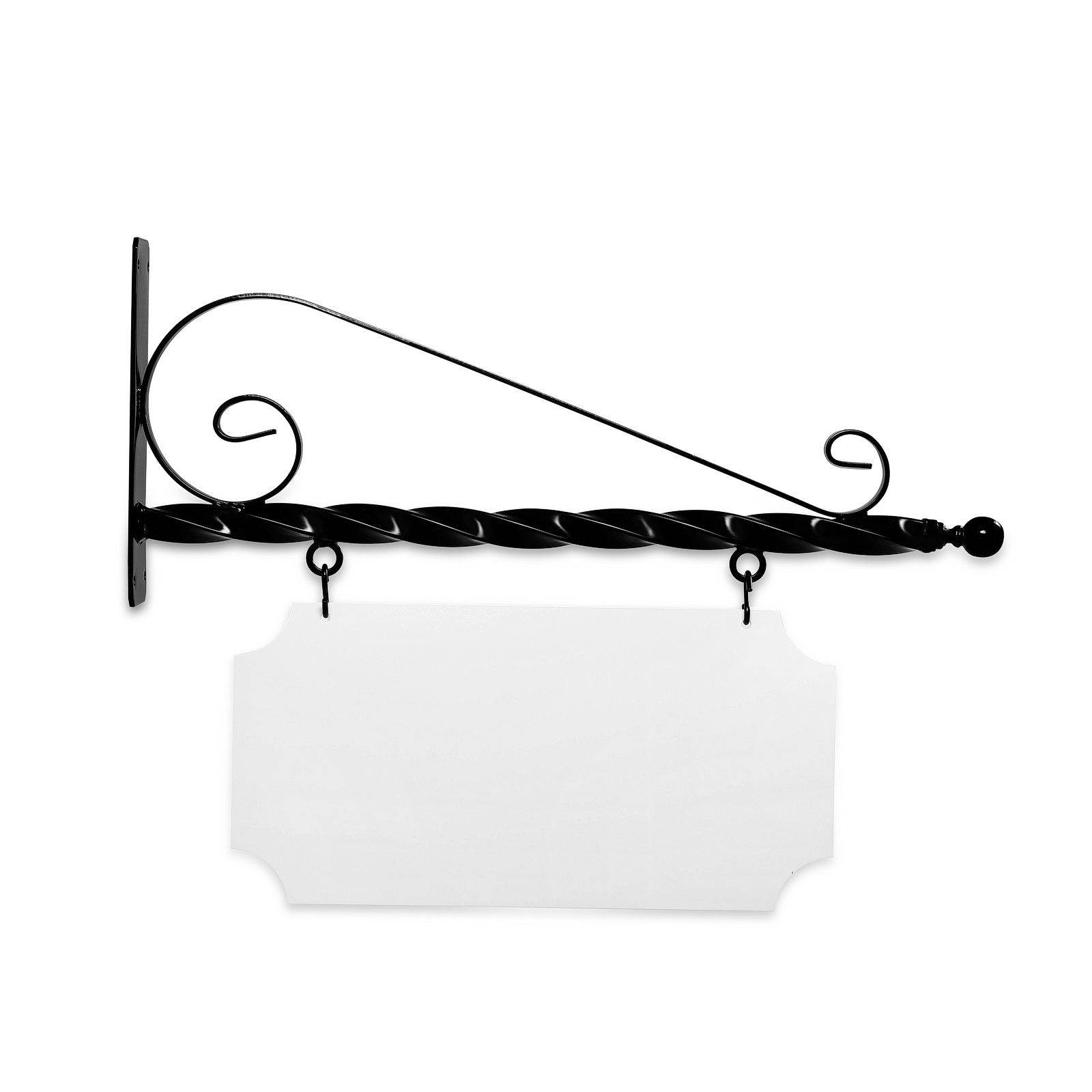 24'' Wide Deluxe Bracket in  Black Powder Coated Steel with 10'' Tall X 20'' Wide X .063'' Thick White Aluminum Sign Blank and 2 Black Powder Coated S-Hooks (Ball Finial)