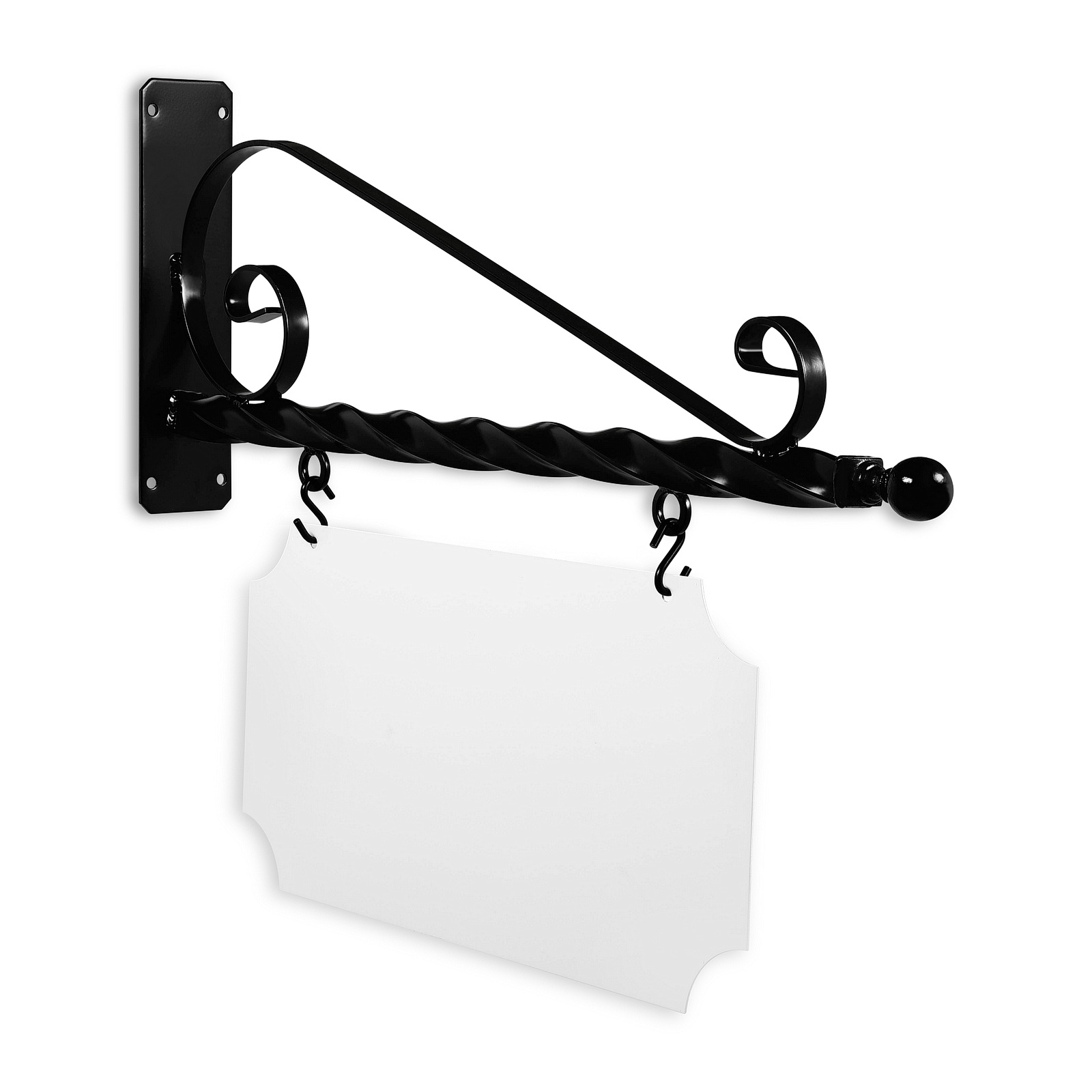 24'' Wide Deluxe Bracket in  Black Powder Coated Steel with 10'' Tall X 20'' Wide X .063'' Thick White Aluminum Sign Blank and 2 Black Powder Coated S-Hooks (Ball Finial)