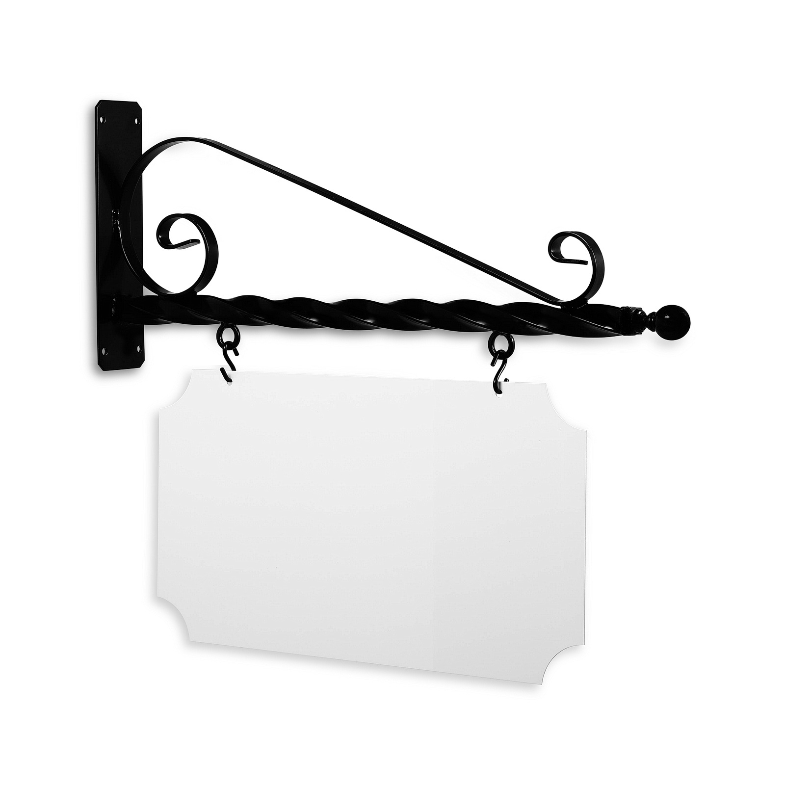 24'' Wide Deluxe Bracket in  Black Powder Coated Steel with 12'' Tall X 22'' Wide X .063'' Thick White Aluminum Sign Blank and 2 Black Powder Coated S-Hooks (Ball Finial)