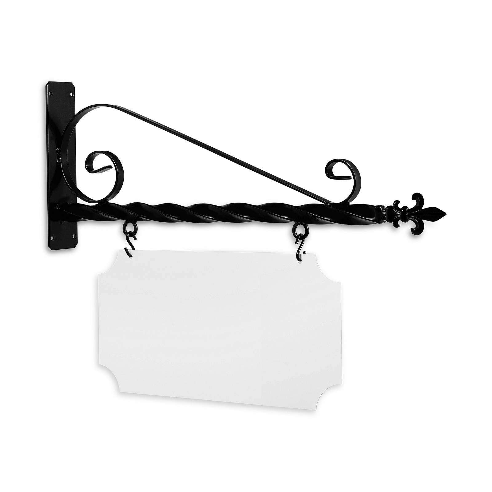 24'' Wide Deluxe Bracket in  Black Powder Coated Steel with 10'' Tall X 20'' Wide X .063'' Thick White Aluminum Sign Blank and 2 Black Powder Coated S-Hooks (Fleur De Lis Finial)