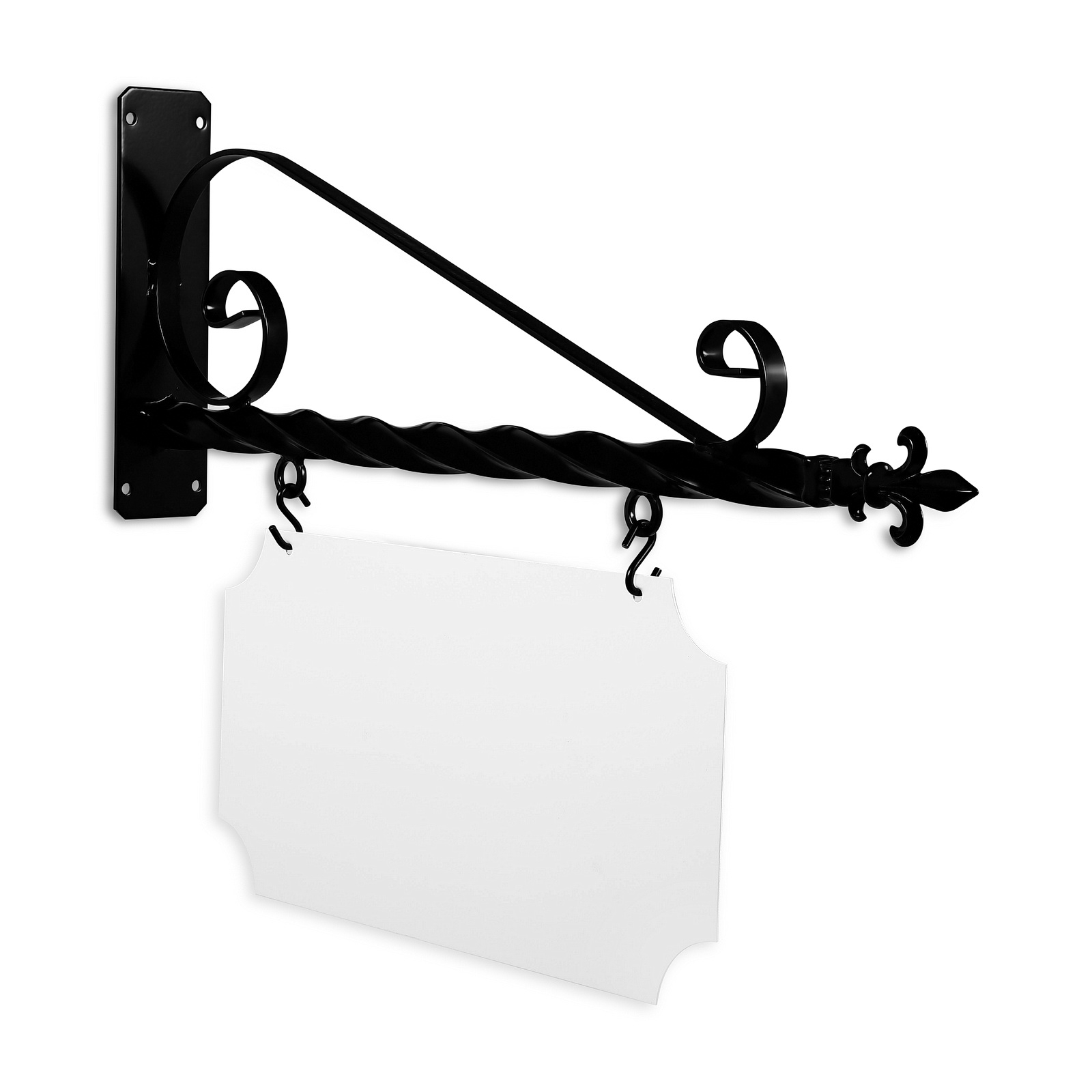 24'' Wide Deluxe Bracket in  Black Powder Coated Steel with 10'' Tall X 20'' Wide X .063'' Thick White Aluminum Sign Blank and 2 Black Powder Coated S-Hooks (Fleur De Lis Finial)