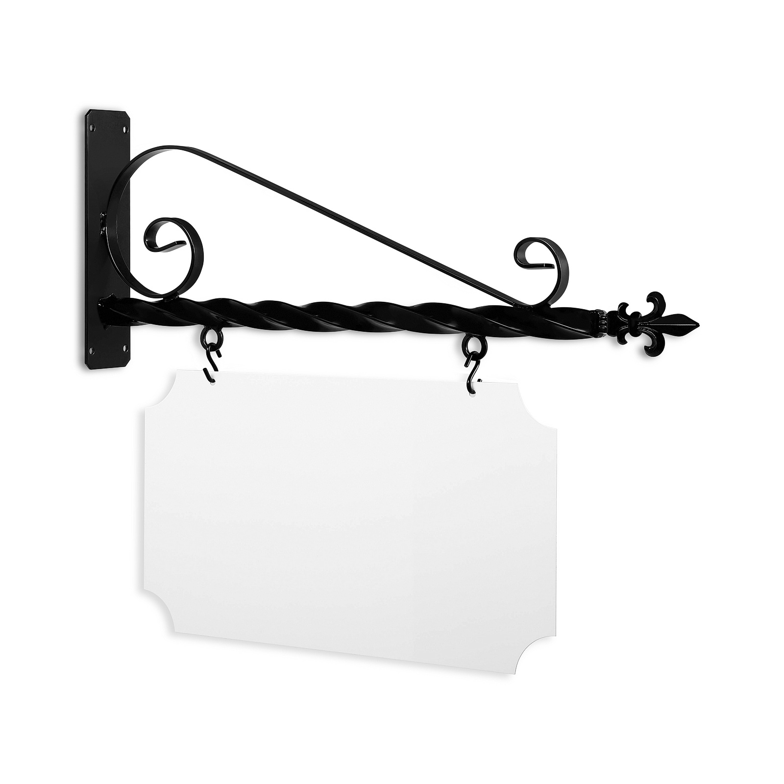 24'' Wide Deluxe Bracket in  Black Powder Coated Steel with 12'' Tall X 22'' Wide X .063'' Thick White Aluminum Sign Blank and 2 Black Powder Coated S-Hooks (Fleur De Lis Finial)