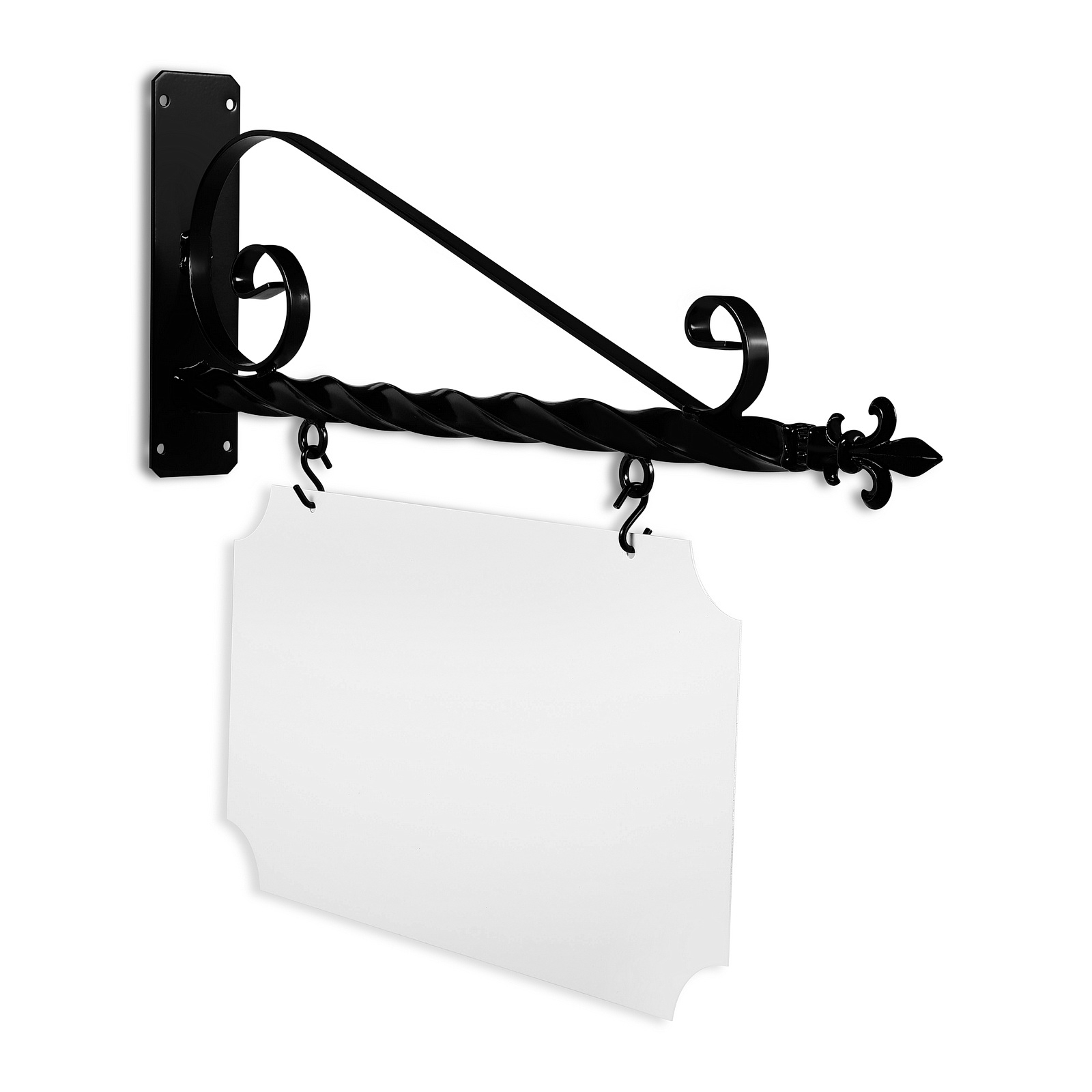 24'' Wide Deluxe Bracket in  Black Powder Coated Steel with 12'' Tall X 22'' Wide X .063'' Thick White Aluminum Sign Blank and 2 Black Powder Coated S-Hooks (Fleur De Lis Finial)