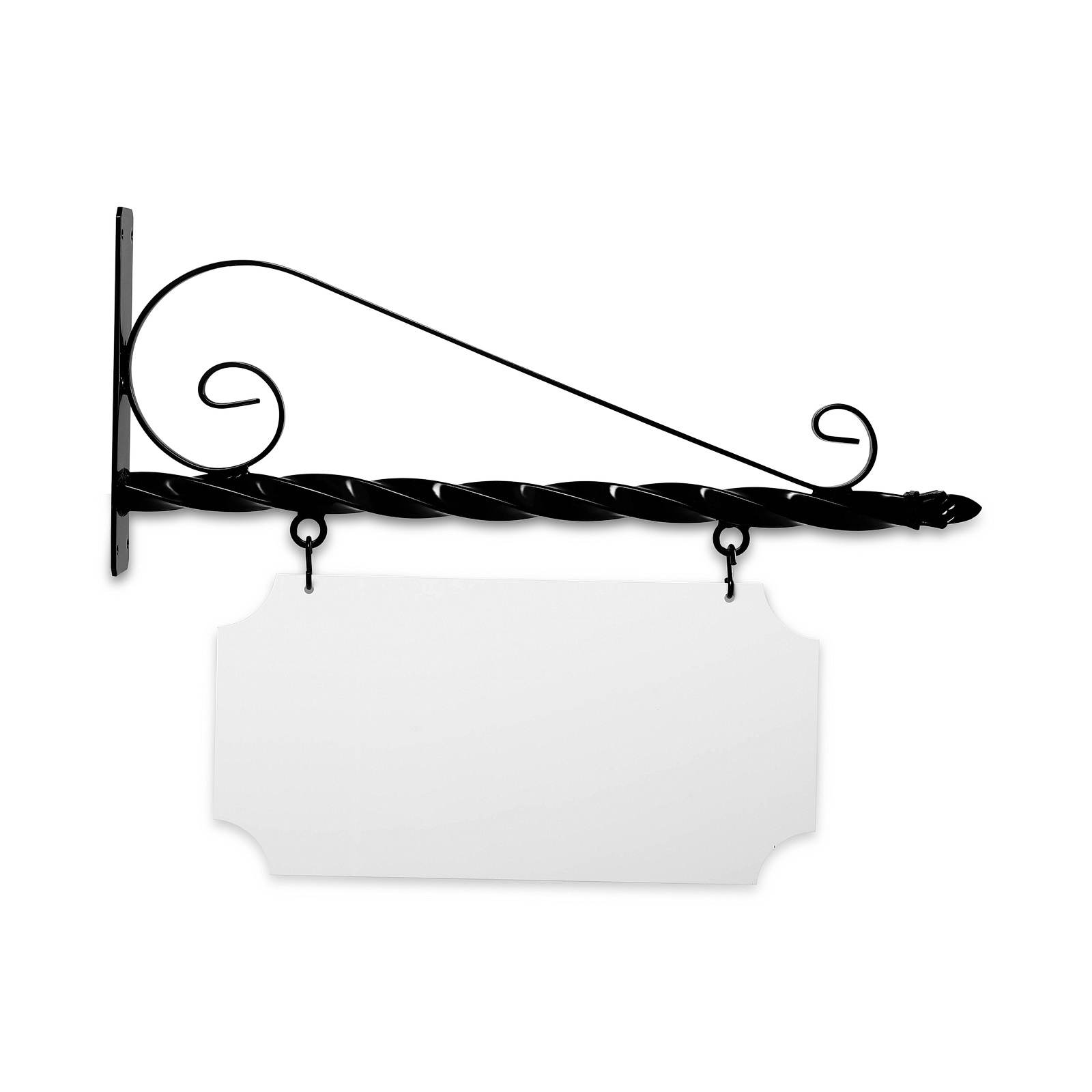 24'' Wide Deluxe Bracket in  Black Powder Coated Steel with 10'' Tall X 20'' Wide X .063'' Thick White Aluminum Sign Blank and 2 Black Powder Coated S-Hooks (Pineapple Finial)