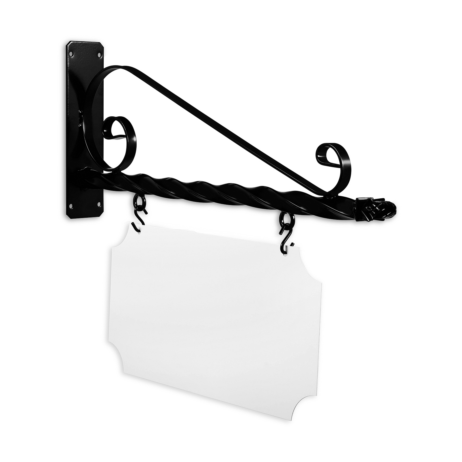 24'' Wide Deluxe Bracket in  Black Powder Coated Steel with 10'' Tall X 20'' Wide X .063'' Thick White Aluminum Sign Blank and 2 Black Powder Coated S-Hooks (Pineapple Finial)