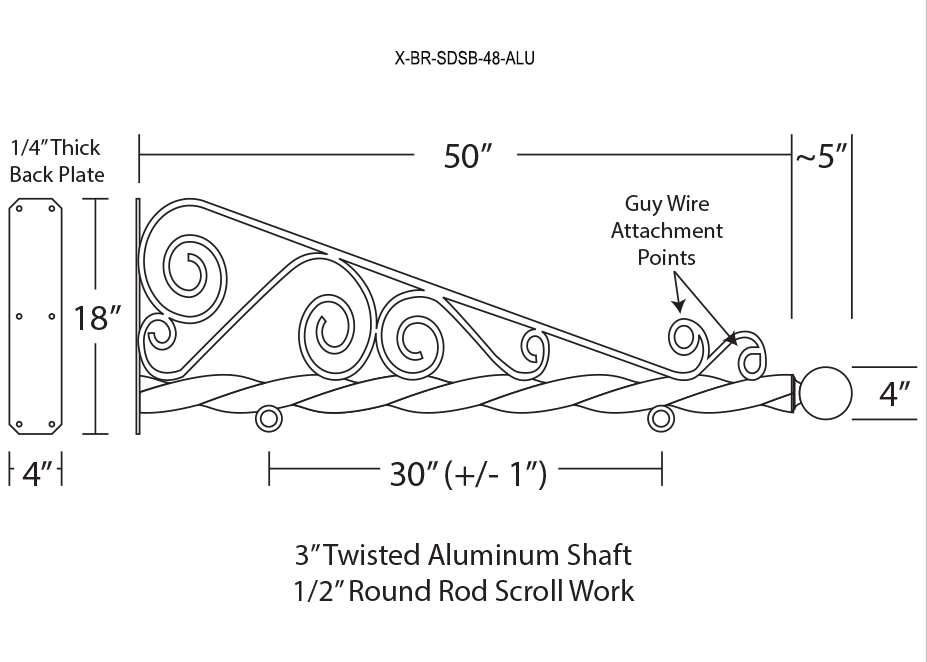 48'' Black Horizontal Super Deluxe Quin Spiral Aluminum Bracket with Ball Finial