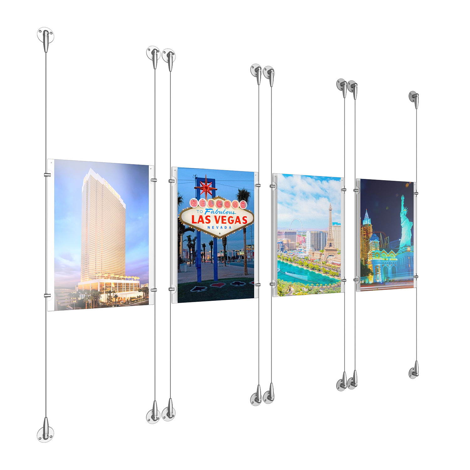 (4) 11'' Width x 17'' Height Clear Acrylic Frame & (8) Aluminum Clear Anodized Adjustable Angle Signature Cable Systems with (16) Single-Sided Panel Grippers