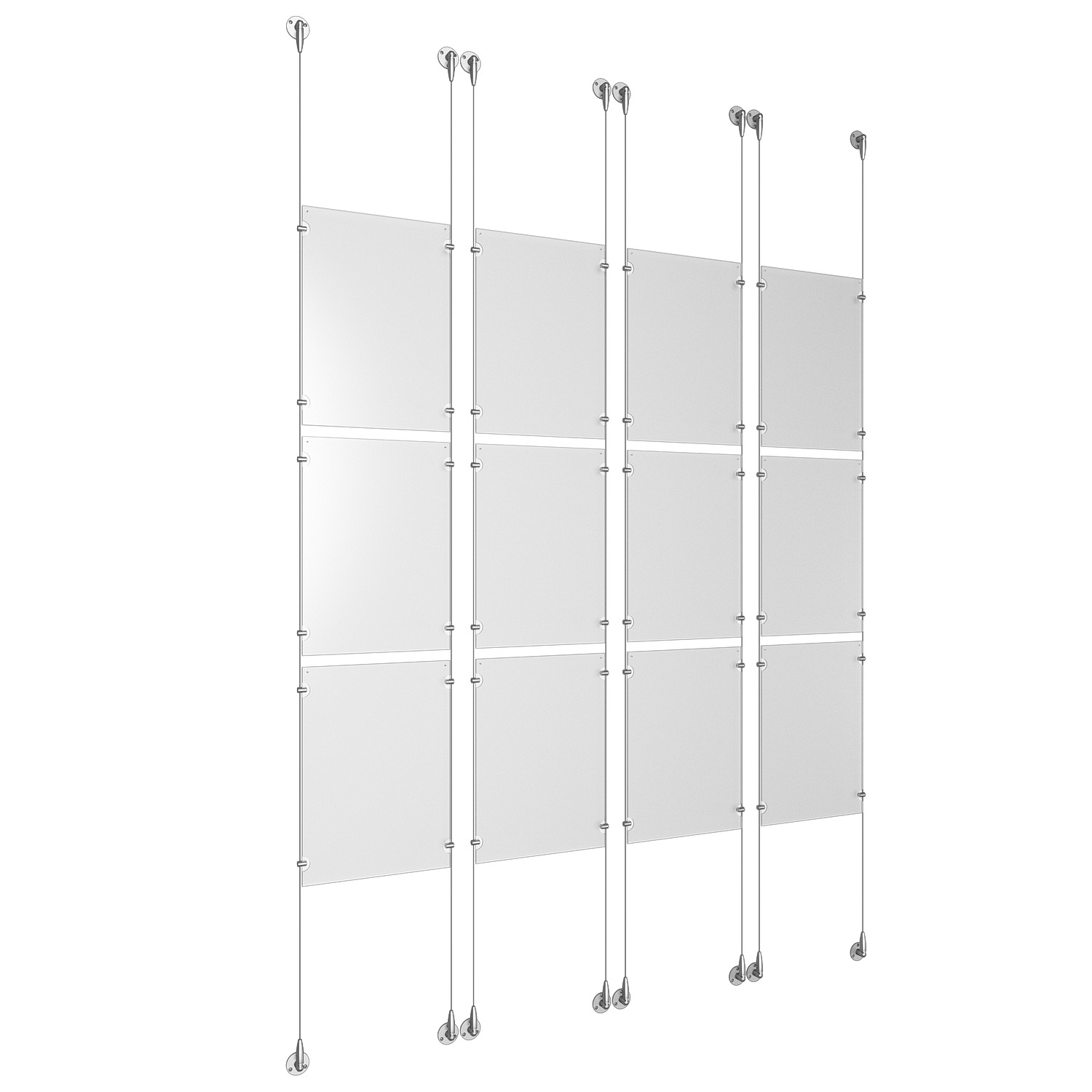 (12) 11'' Width x 17'' Height Clear Acrylic Frame & (8) Aluminum Clear Anodized Adjustable Angle Signature Cable Systems with (48) Single-Sided Panel Grippers