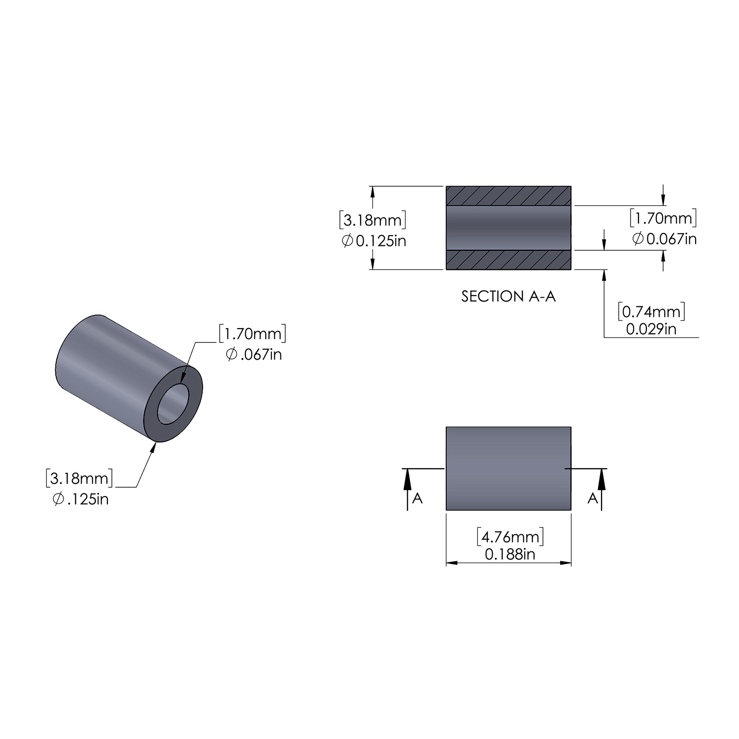Aluminum Spacer 1/8'' OD x .067ID x 3/16'' Long, Plain Aluminum Finish