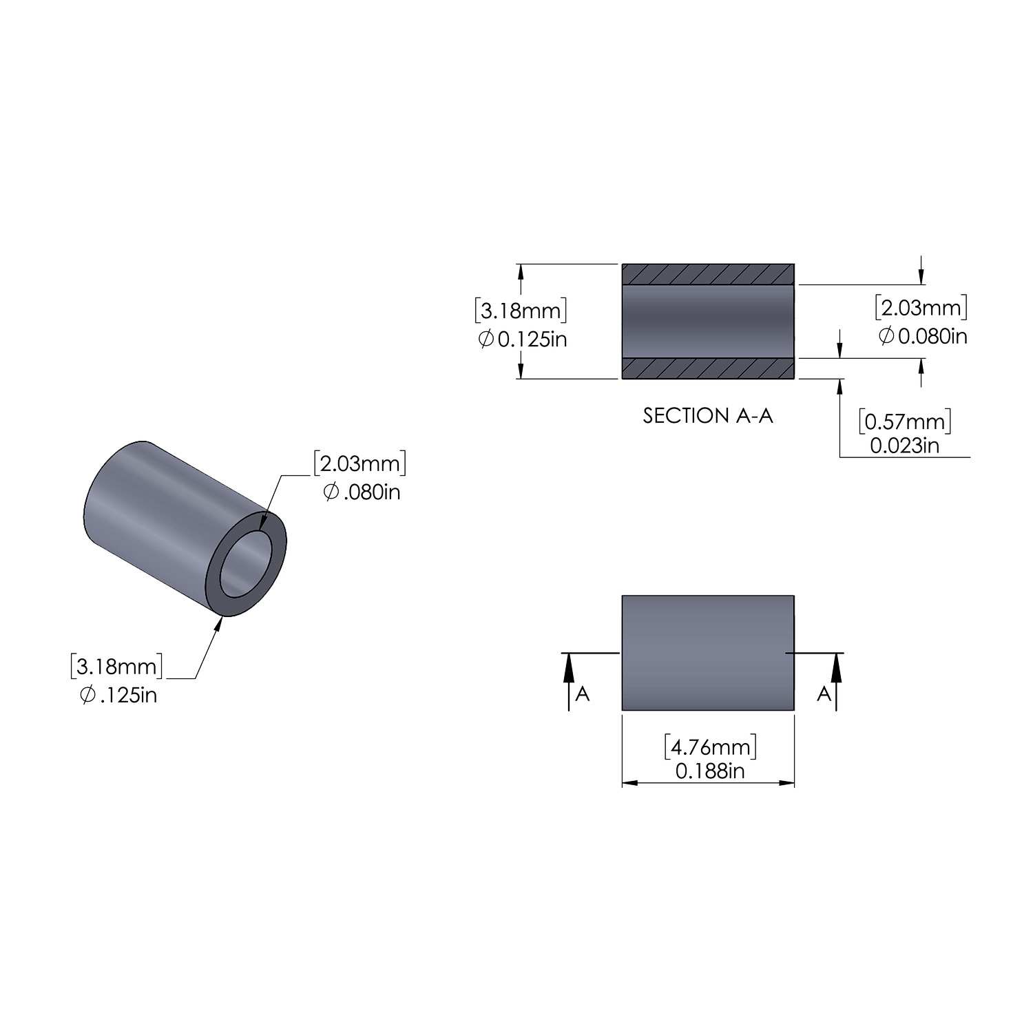 Aluminum Spacer 1/8'' OD x .080ID x 3/16'' Long, Plain Aluminum Finish