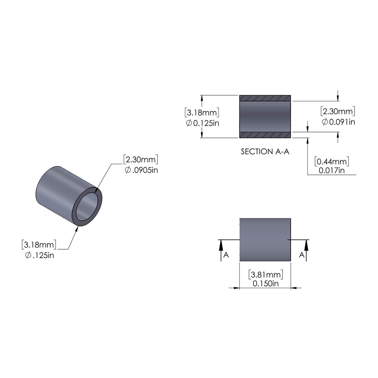 Aluminum Spacer 1/8'' OD x .0905'' ID x .150'' Long, Plain Aluminum Finish