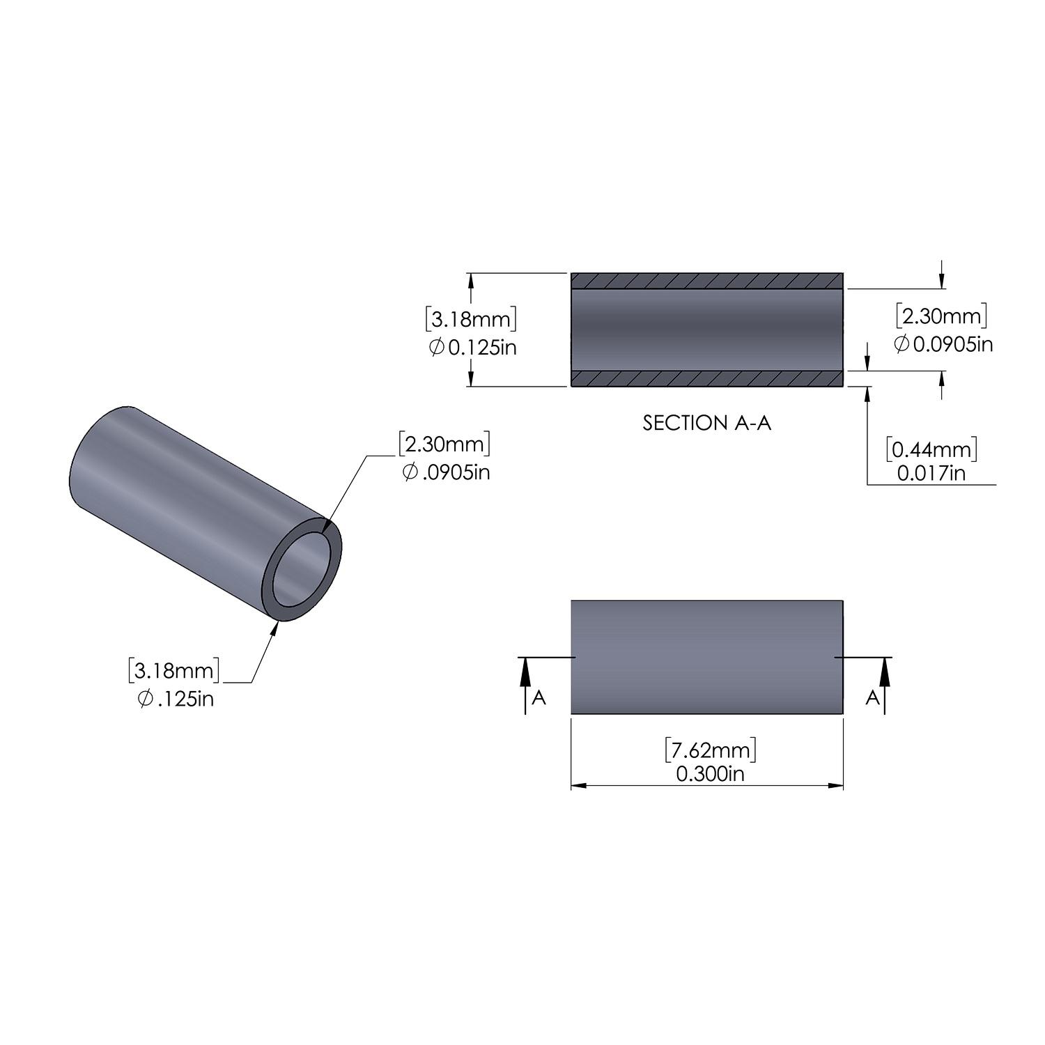 Aluminum Spacer 1/8'' OD x .0905'' ID x .300'' Long, Plain Aluminum Finish