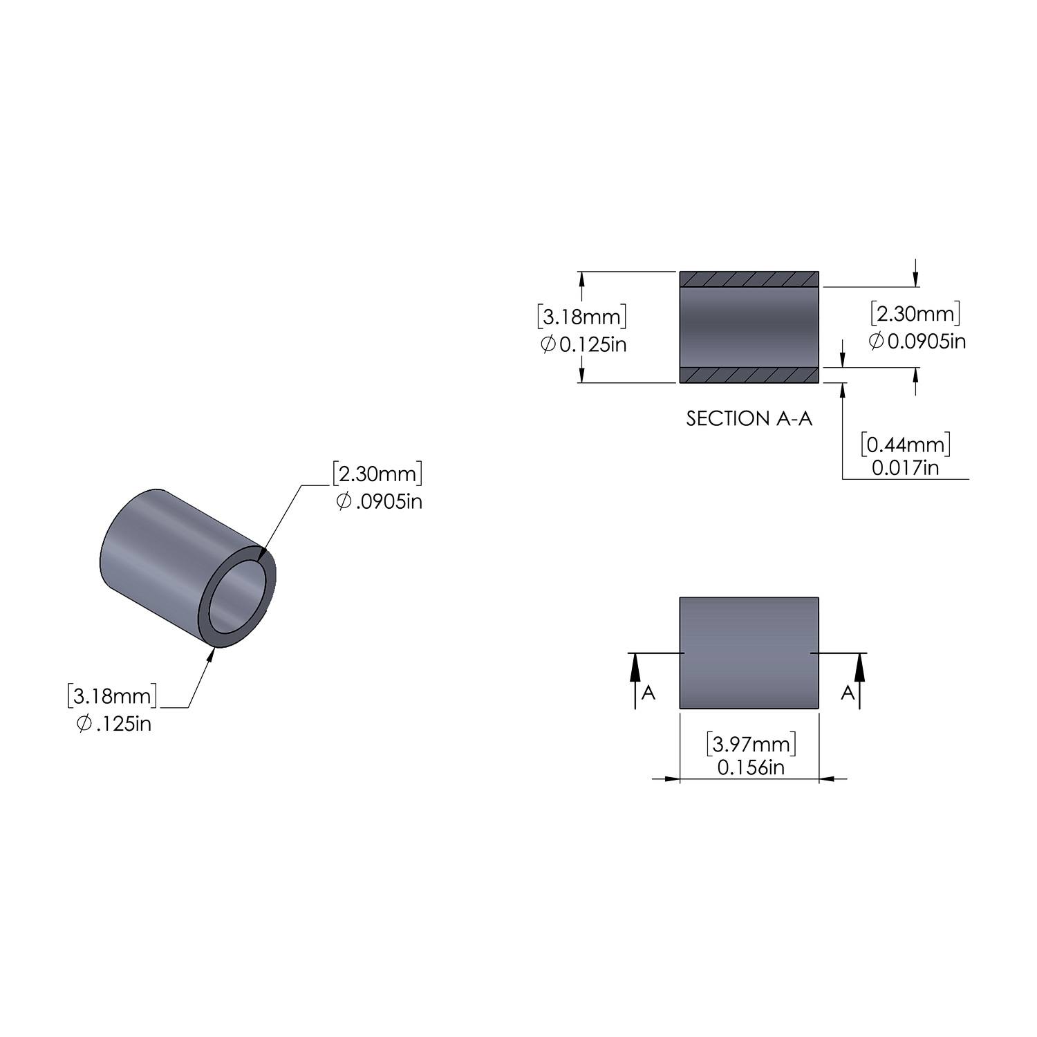 Aluminum Spacer 1/8'' OD x .0905ID x 5/32'' Long, Plain Aluminum Finish
