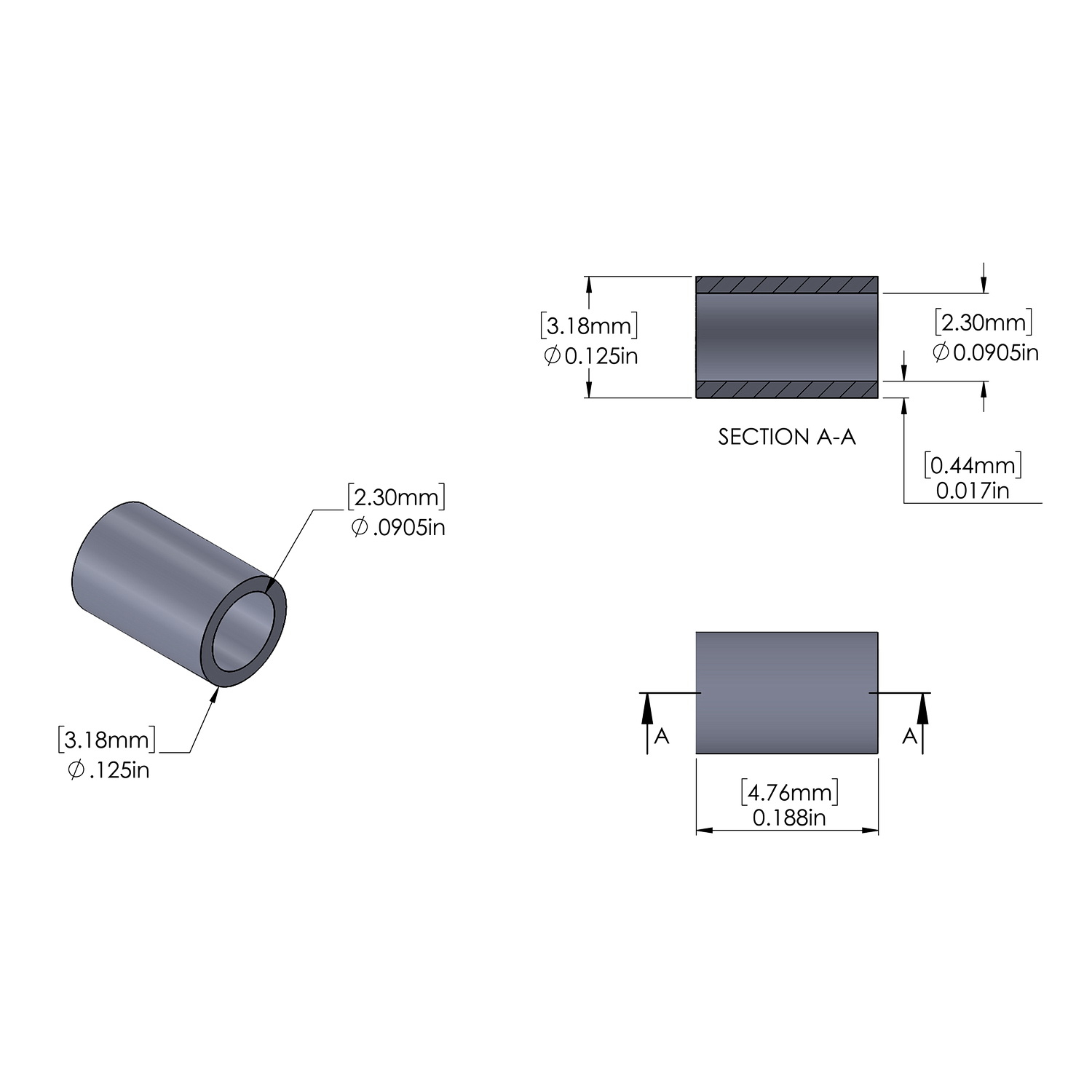 Aluminum Spacer 1/8'' OD x .0905ID x 3/16'' Long, Plain Aluminum Finish