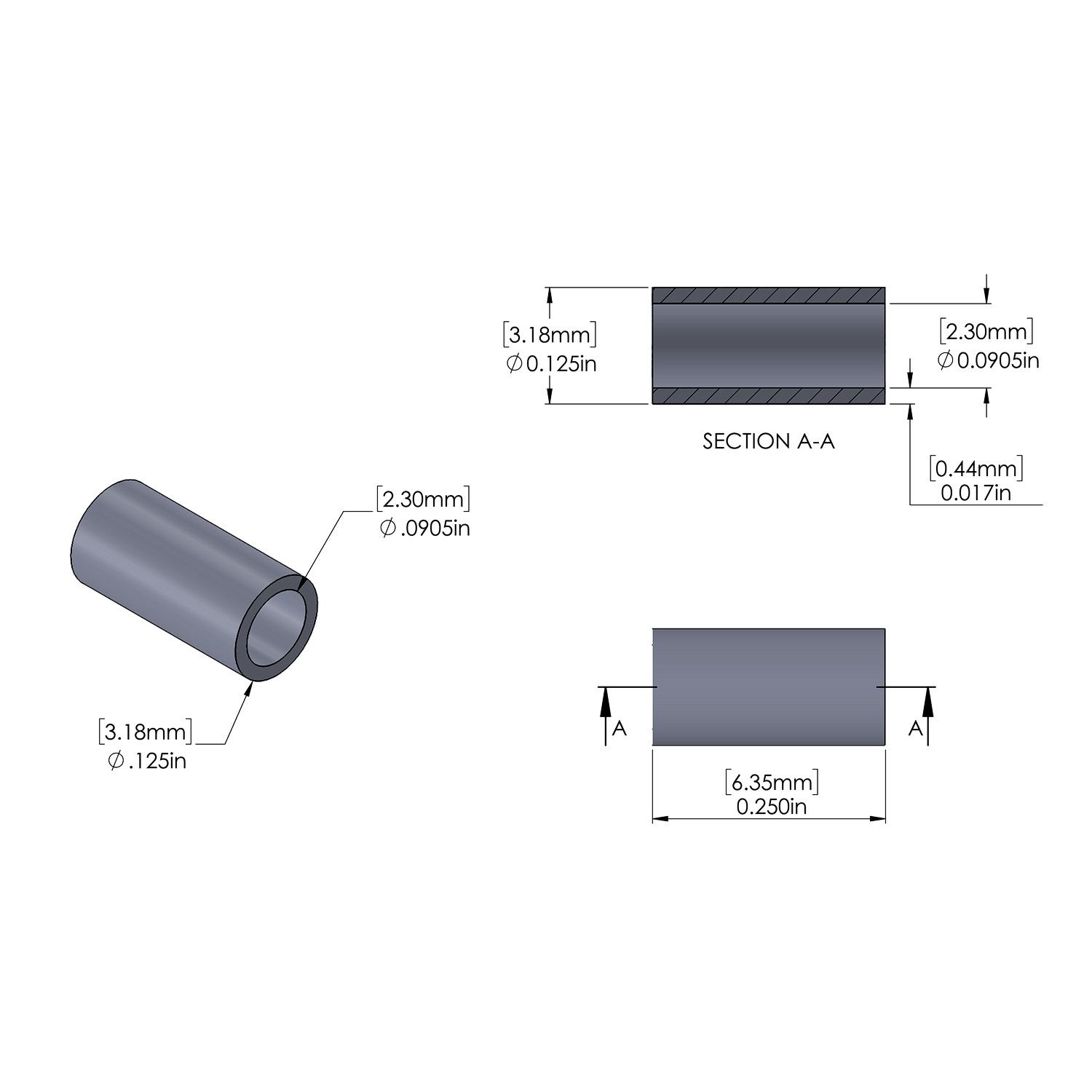 Aluminum Spacer 1/8'' OD x .0905'' ID x 1/4'' Long, Plain Aluminum Finish