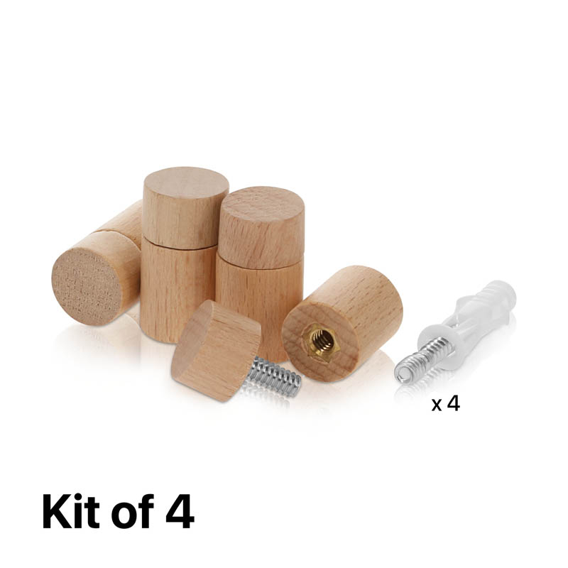 (Set of 4) 5/8'' Diameter X 3/4'' Barrel Length, Wooden Flat Head Standoffs, Matte Beech Wood Finish, Easy Fasten Standoff, Included Hardware (For Inside Use). Required Material Hole Size: 1/4'' [Required Material Hole Size: 1/4'']