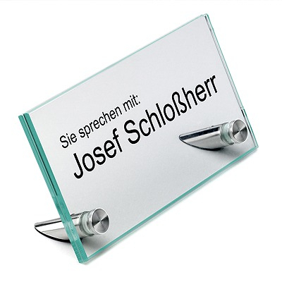 6'' x 3''  Desk Name Plate, 60° Angle,  Full Set with Flat Head Standoffs and tempered glass (Stainless Steel Satin Brushed Standoffs)