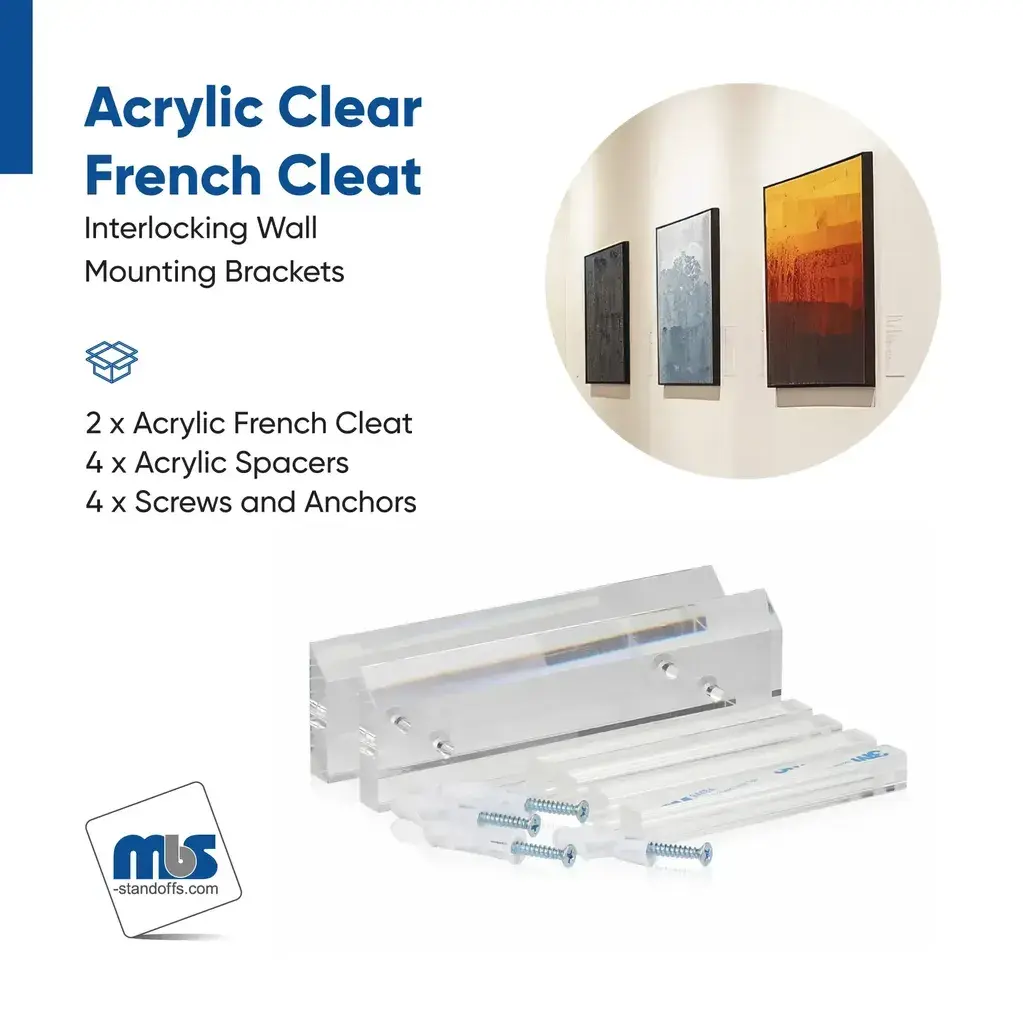 6'' x 1-2'' Thick. Clear Acrylic French Cleat (6'' wide and 3 tall when assembled.)Each Set Included_2x AFC6, 4x AFCS44x Zinc Philips Screw #8 x 1-1-2''4x 1-4'' Plastic Anchor.webp