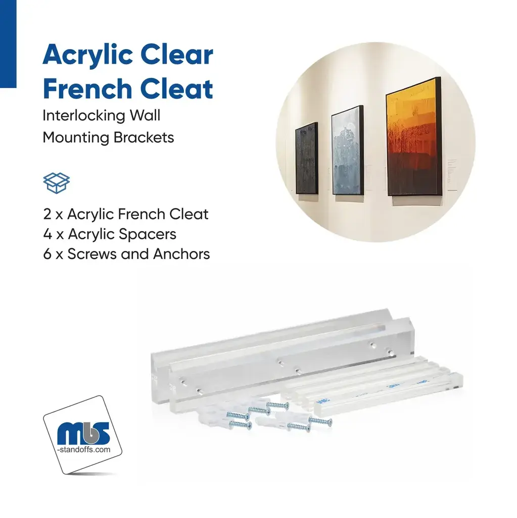 10'' x 1-2'' Thick. Clear Acrylic French Cleat (10'' wide and 3 tall when assembled.)Each Set Included_2x AFC10, 2x AFCS66x Zinc Philips Screw #8 x 1-1-2''6x 1-4'' Plastic Anchor.webp