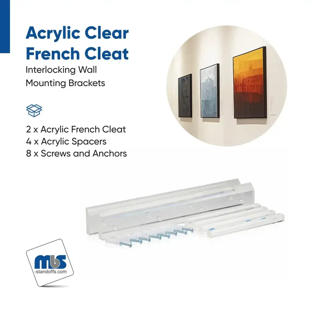 12'' x 1-2'' Thick.  Clear Acrylic French Cleat (12'' wide and 3 tall when assembled.)Each Set Included_2x AFC12, 4x AFCS68x Zinc Philips Screw #8 x 1-1-2''8x1-4'' Plastic Anchorr.webp