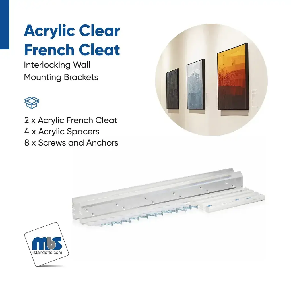 16'' x 1-2'' Thick. Clear Acrylic French Cleat (16'' wide and 3 tall when assembled.)Each Set Included_2x AFC16, 4x AFCS612x Zinc Philips Screw #8 x 1-1-2''12x 1-4'' Plastic Anchor.webp