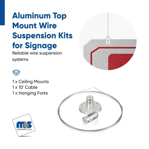Wire Suspension Kit for Signage - Includes (1) 1/16'' x 6' Length Zinc Wire Cable, (1) Top Mount, and (1) Gripper for 3/16'' Material, Aluminum Clear Anodized Finish