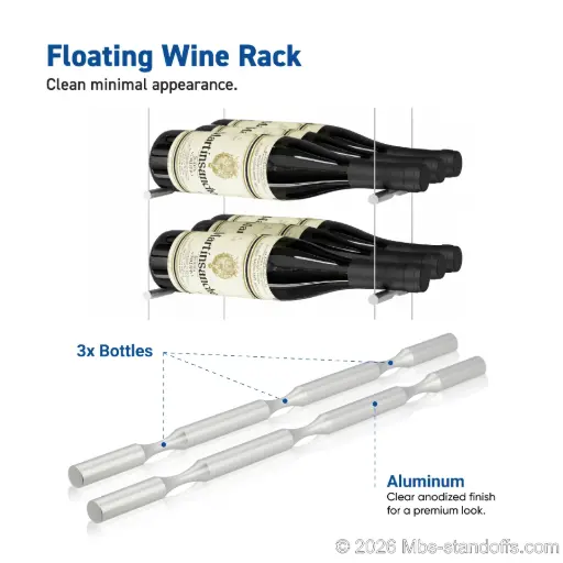3 Bottle Peg for Cable Wine Racking System, 11-1/2" x 1/2" Aluminum Clear Anodized (Pair)