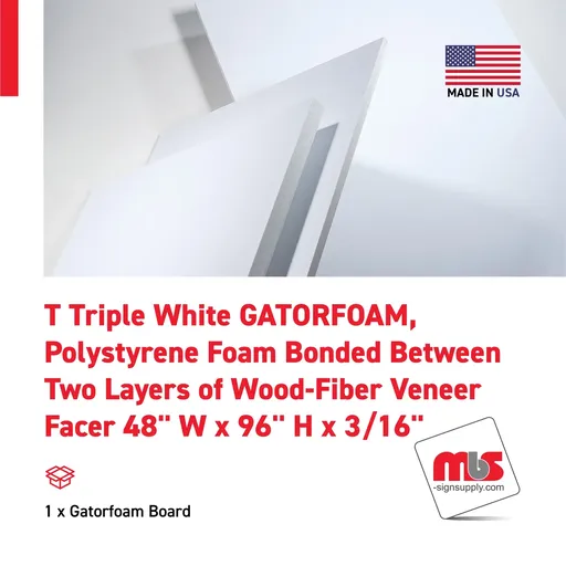 [FC-GF-4896316W] 48" W x 96" H x 3/16" T Triple White GATORFOAM, Polystyrene Foam Bonded Between Two Layers of Wood-Fiber Veneer Facer