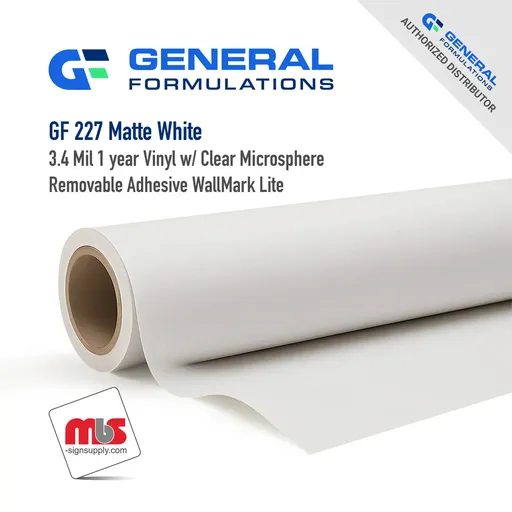 [GF227-5450] 54" x 50 Yard Roll - General Formulations 227 3.4 Mil Matte White 1 year Vinyl w/ Clear Microsphere Removable Adhesive WallMark Lite
