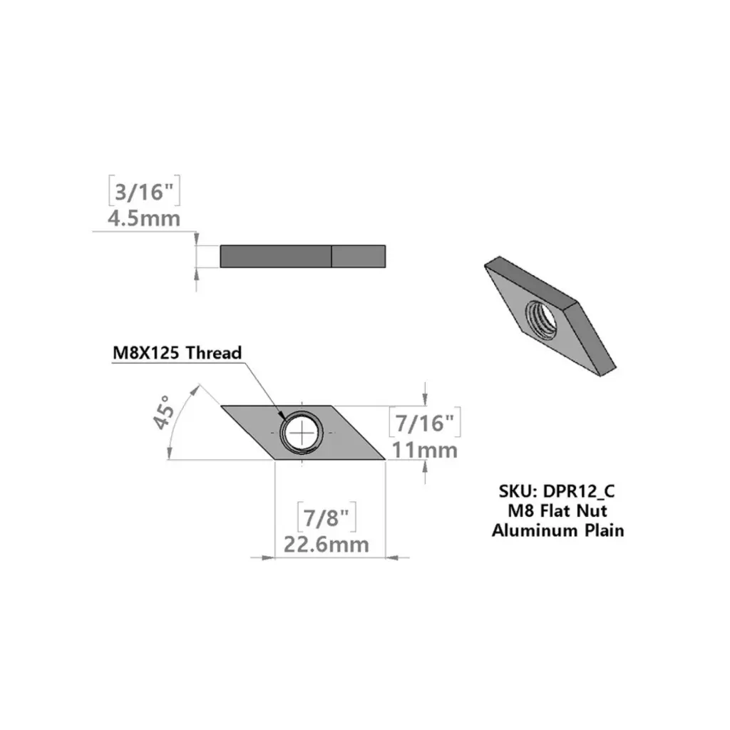 Aluminum Flat Nut Size: 22.63(33.63)x11.00x4.50mm With M8.00xP1.25 thread