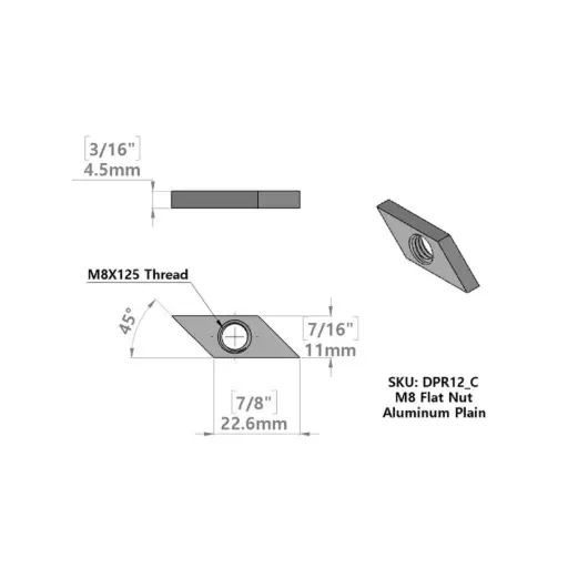 [DPR12-C] Aluminum Flat Nut Size: 22.63(33.63)x11.00x4.50mm With M8.00xP1.25 thread