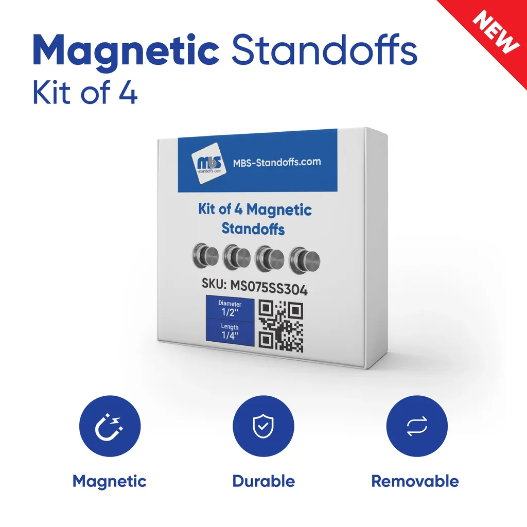 (4)  1/2" Diameter X 9/16" Zinc Magnet Barrel, Stainless Steel (304) Head Magnetic Standoffs, Flat Head Satin Brushed Finish, included Screw and Anchors (for Inside Use) Material Thick. Accepted 5/16" to 3/8" [Required Material Hole Size: 1/4"]