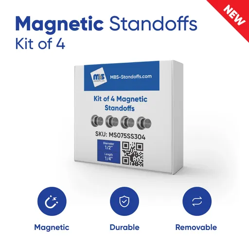 [MS075SS304] (4)  1/2" Diameter X 9/16" Zinc Magnet Barrel, Stainless Steel (304) Head Magnetic Standoffs, Flat Head Satin Brushed Finish, included Screw and Anchors (for Inside Use) Material Thick. Accepted 5/16" to 3/8" [Required Material Hole Size: 1/4"]