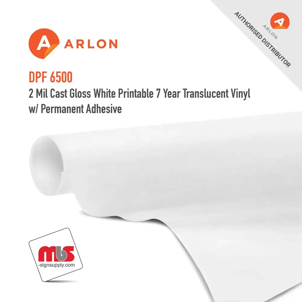 Arlon DPF 6500 Cast Gloss White Printable 7 Year Translucent Vinyl w/ Permanent Adhesive