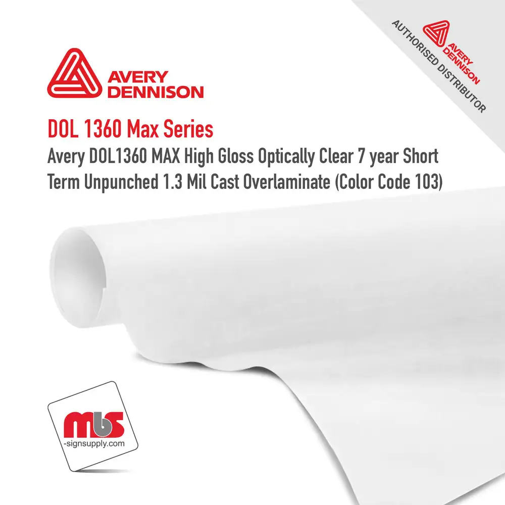 60" x 50 yards Avery DOL1360 MAX High Gloss Optically Clear 7 year Short Term Unpunched 1.3 Mil Cast Overlaminate (Color Code 103)