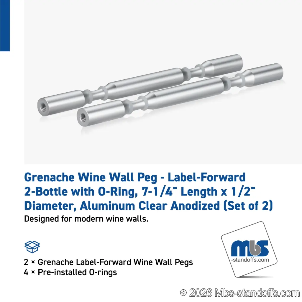 Grenache Wine Wall Peg - Label-Forward 2-Bottle with O-Ring, 6-1/2" Length x 1/2" Diameter, Aluminum Clear Anodized (Set of 2)
