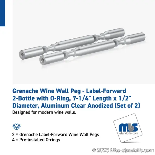 [WPR050-2A] Grenache Wine Wall Peg - Label-Forward 2-Bottle with O-Ring, 6-1/2" Length x 1/2" Diameter, Aluminum Clear Anodized (Set of 2)