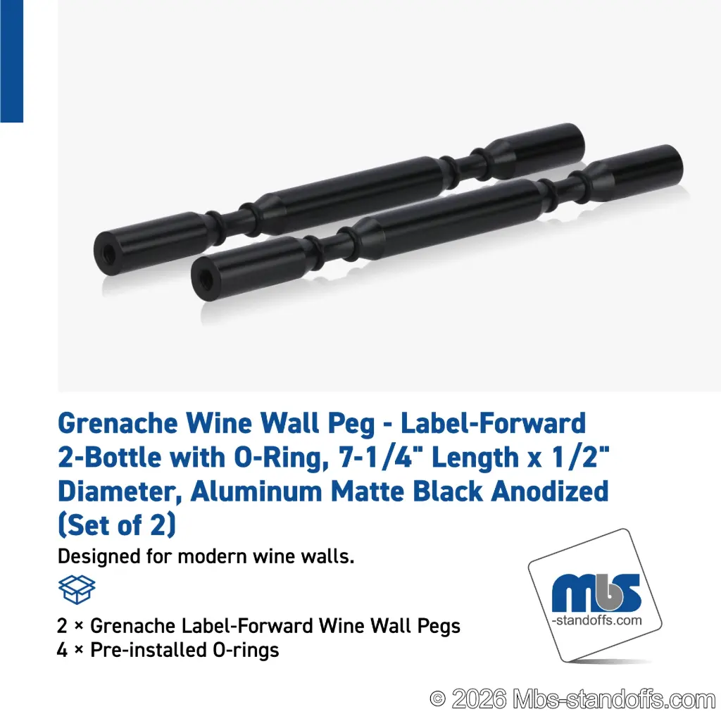 Grenache Wine Wall Peg - Label-Forward 2-Bottle with O-Ring, 6-1/2" Length x 1/2" Diameter, Aluminum Matte Black Anodized (Set of 2)