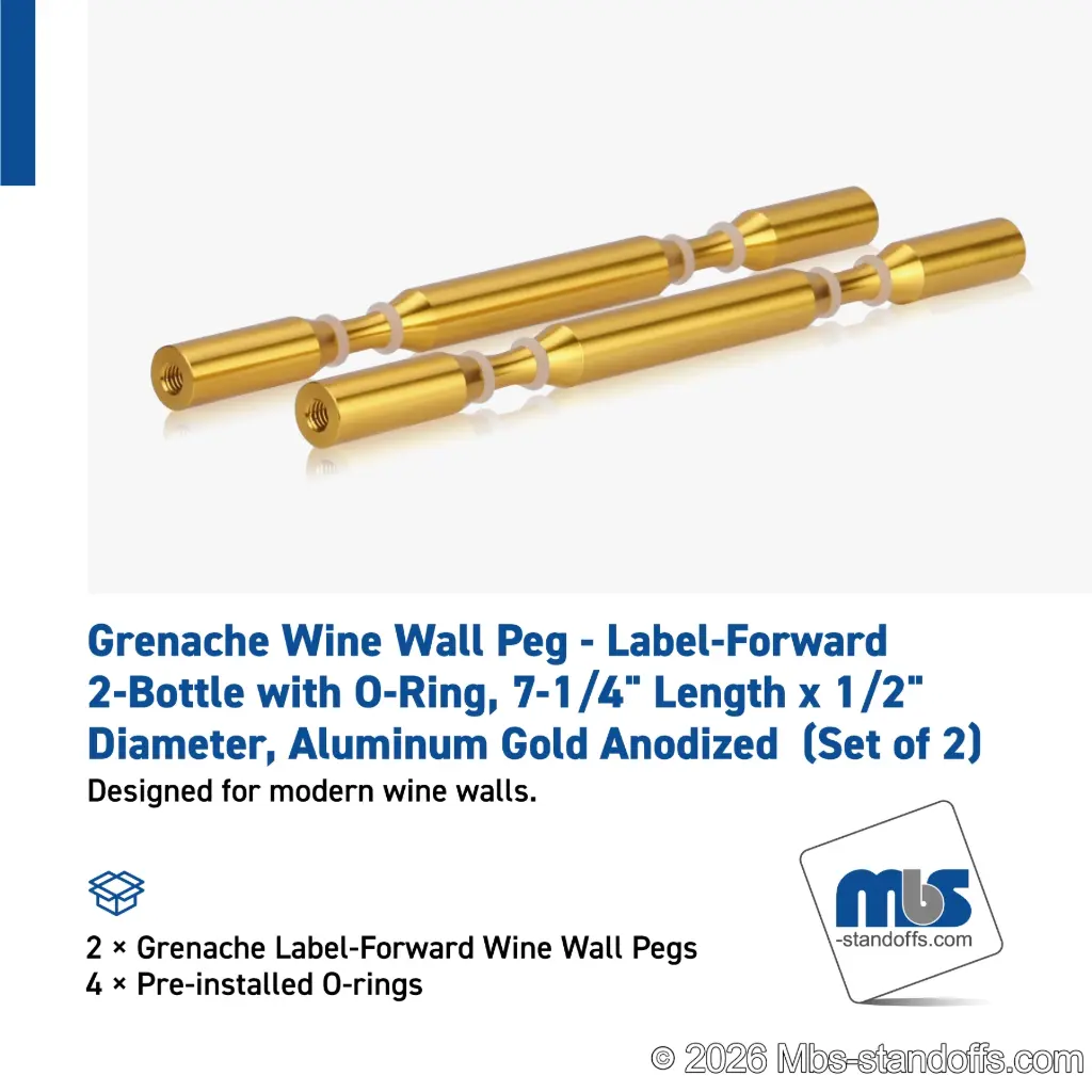 Grenache Wine Wall Peg - Label-Forward 2-Bottle with O-Ring, 6-1/2" Length x 1/2" Diameter, Aluminum Gold Anodized (Set of 2)
