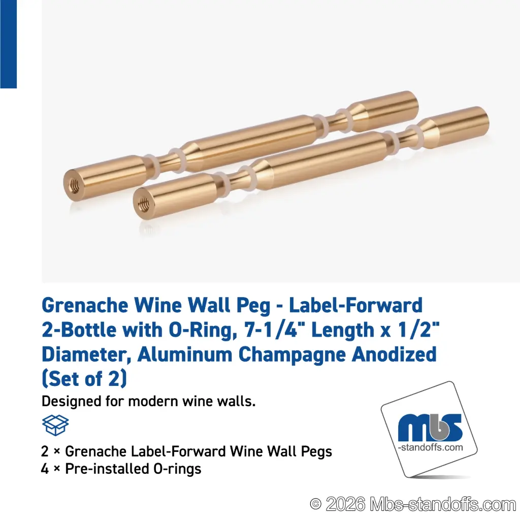Grenache Wine Wall Peg - Label-Forward 2-Bottle with O-Ring, 6-1/2" Length x 1/2" Diameter, Aluminum Champagne Anodized (Set of 2)