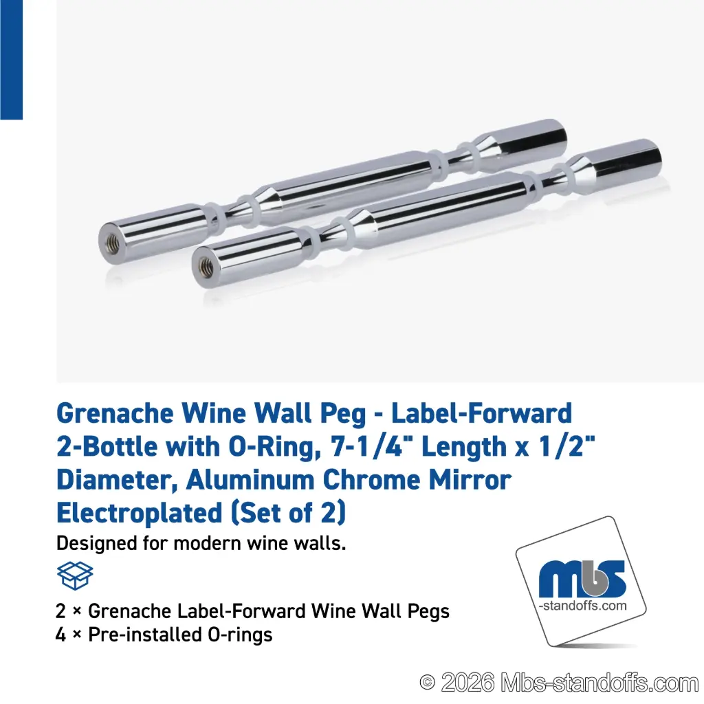 Grenache Wine Wall Peg - Label-Forward 2-Bottle with O-Ring, 6-1/2" Length x 1/2" Diameter, Aluminum Chrome Mirror Electroplated (Set of 2)