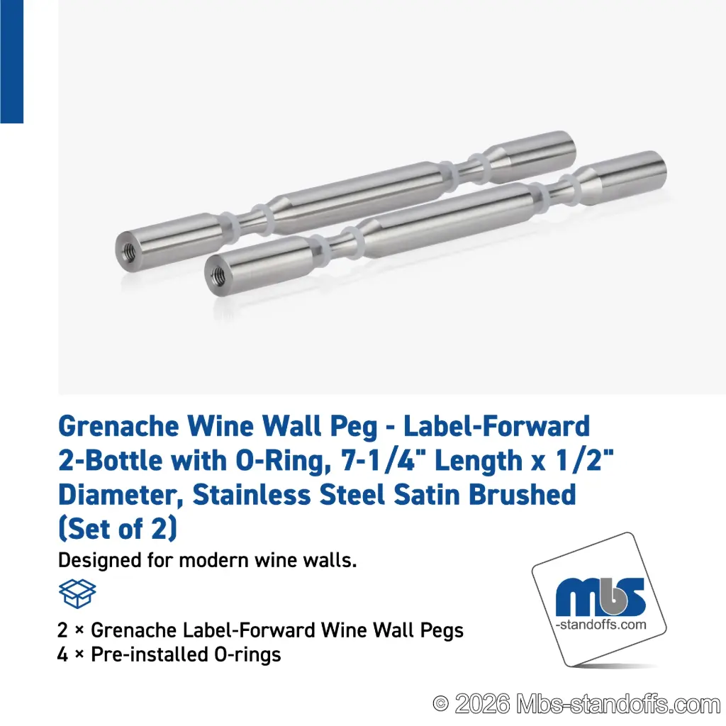 Grenache Wine Wall Peg - Label-Forward 2-Bottle with O-Ring, 6-1/2" Length x 1/2" Diameter, Stainless Steel Satin Brushed (Set of 2)