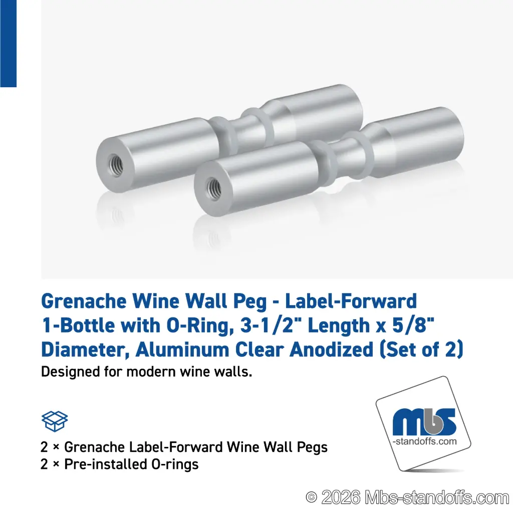 Grenache Wine Wall Peg - Label-Forward 1-Bottle with O-Ring, 3-1/2" Length x 5/8" Diameter, Aluminum Clear Anodized (Set of 2)
