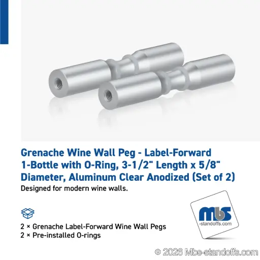 [WPR058-1A] Grenache Wine Wall Peg - Label-Forward 1-Bottle with O-Ring, 3-1/2" Length x 5/8" Diameter, Aluminum Clear Anodized (Set of 2)