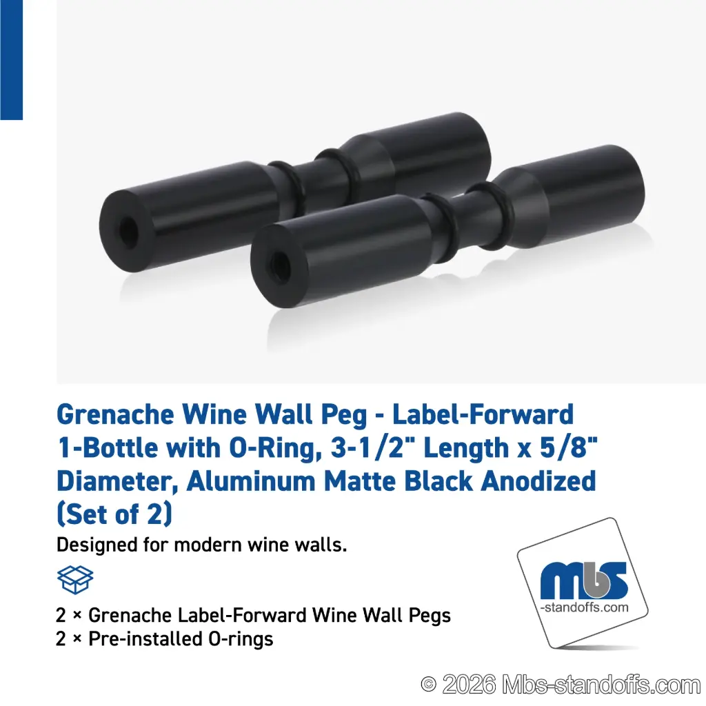 Grenache Wine Wall Peg - Label-Forward 1-Bottle with O-Ring, 3-1/2" Length x 5/8" Diameter, Aluminum Matte Black Anodized (Set of 2)