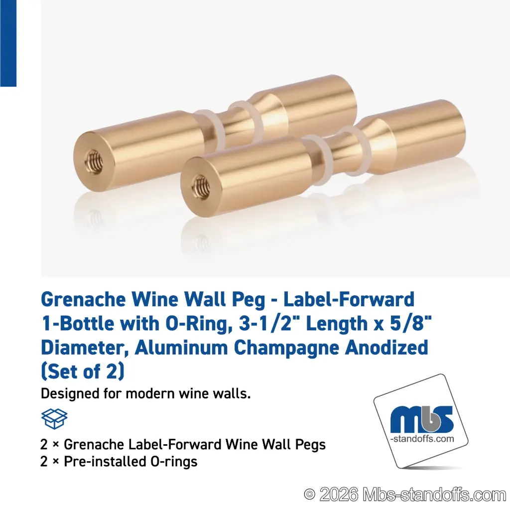 Grenache Wine Wall Peg - Label-Forward 1-Bottle with O-Ring, 3-1/2" Length x 5/8" Diameter, Aluminum Champagne Anodized (Set of 2)