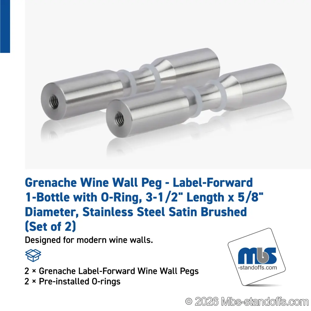 Grenache Wine Wall Peg - Label-Forward 1-Bottle with O-Ring, 3-1/2" Length x 5/8" Diameter, Stainless Steel Satin Brushed (Set of 2)