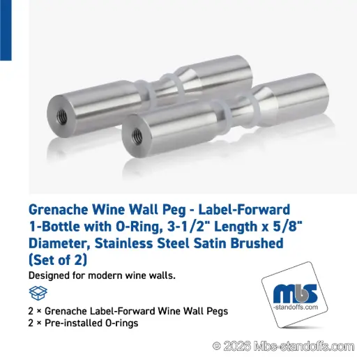 [WPR058-1S] Grenache Wine Wall Peg - Label-Forward 1-Bottle with O-Ring, 3-1/2" Length x 5/8" Diameter, Stainless Steel Satin Brushed (Set of 2)